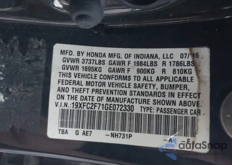 2016 Honda Civic Ex z USA, uszkodzony, nr VIN 19XFC2F71GE072330